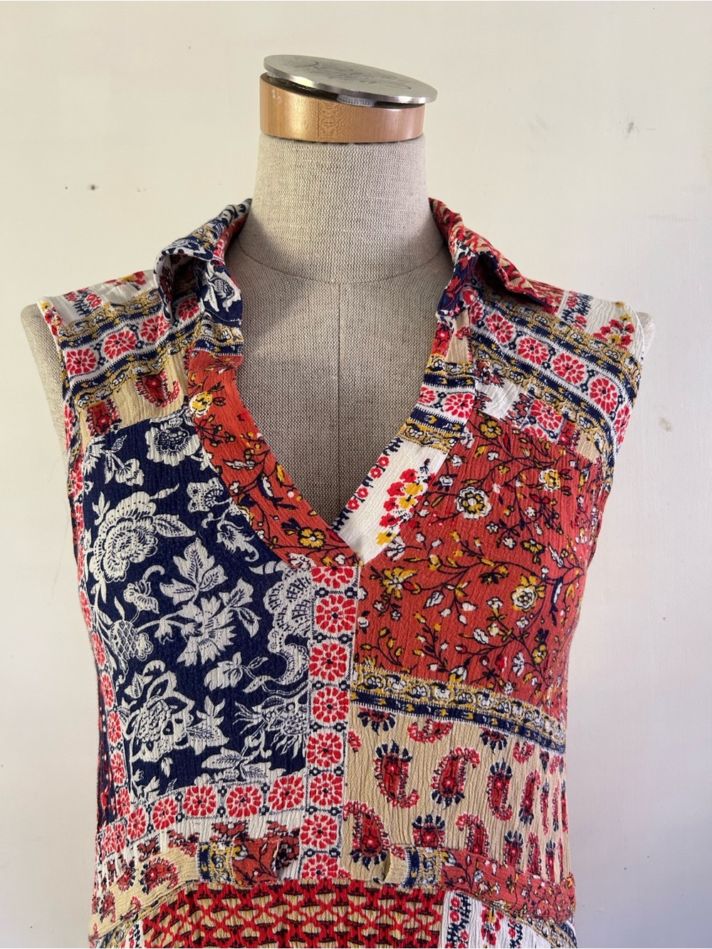 Sleeveless Patchwork Floral Dress in Red, Navy & Cream